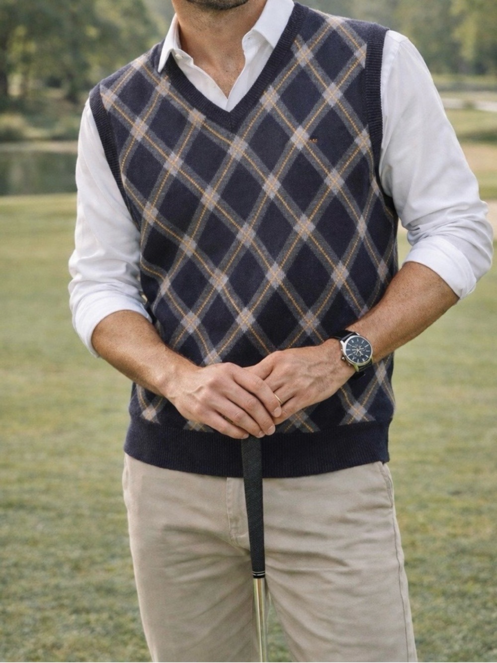 Tommy Hilfiger Golf Sweater Vest Women Large Navy Argyle 100% Cotton Preppy